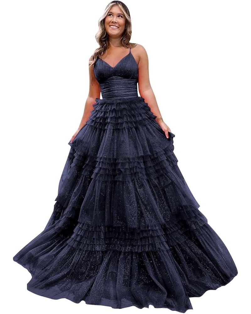 Women's Tiered Glitter Tulle Prom Dresses V Neck Ruffles Formal Evening Party Gowns Navy Blue $37.10 Dresses