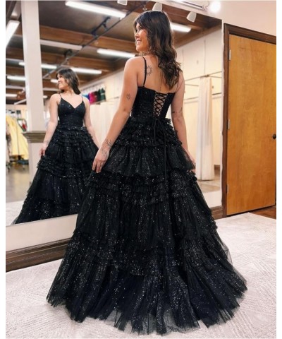 Women's Tiered Glitter Tulle Prom Dresses V Neck Ruffles Formal Evening Party Gowns Navy Blue $37.10 Dresses