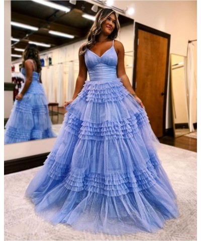 Women's Tiered Glitter Tulle Prom Dresses V Neck Ruffles Formal Evening Party Gowns Navy Blue $37.10 Dresses