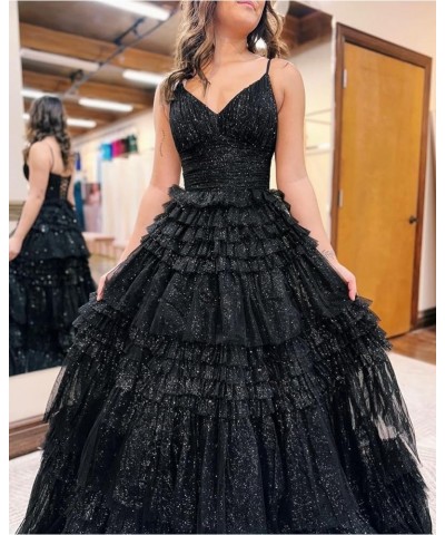 Women's Tiered Glitter Tulle Prom Dresses V Neck Ruffles Formal Evening Party Gowns Navy Blue $37.10 Dresses