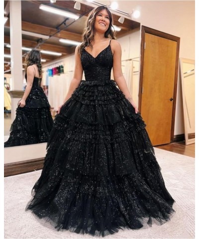 Women's Tiered Glitter Tulle Prom Dresses V Neck Ruffles Formal Evening Party Gowns Navy Blue $37.10 Dresses