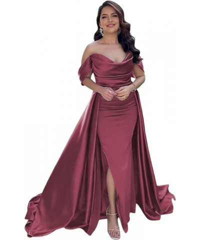 Off Shoulder Prom Dresses with Slit Long Satin Formal Dresses for Women Tight Pleated Evening Gowns Desert Rose $32.76 Dresses