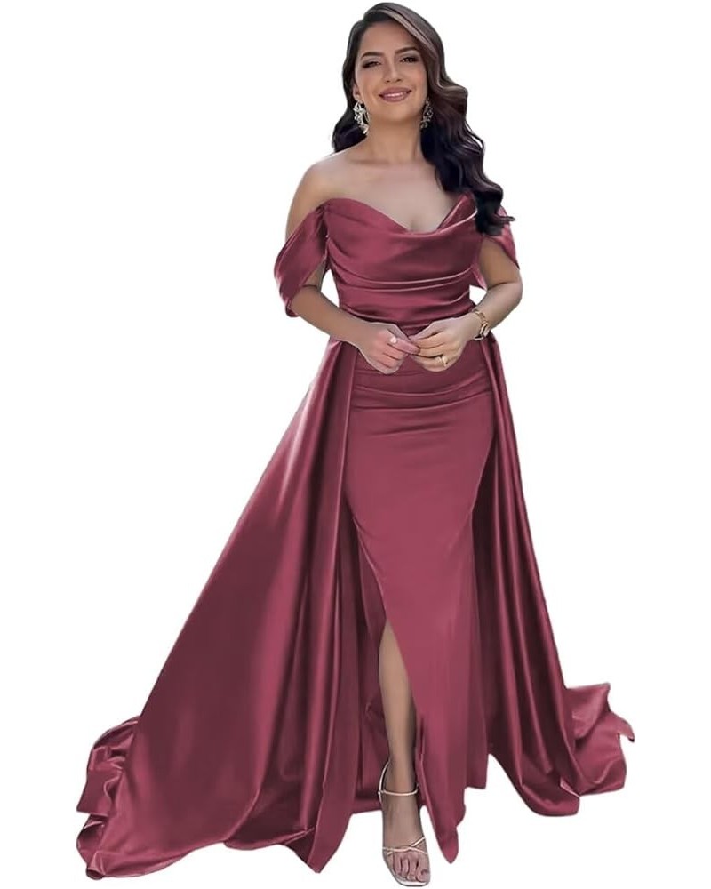 Off Shoulder Prom Dresses with Slit Long Satin Formal Dresses for Women Tight Pleated Evening Gowns Desert Rose $32.76 Dresses