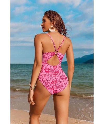 Women's One Piece Swimsuit High Cut Bathing Suits Cutout Back Adjustable Straps Swimwear with O Ring Pink Floral $13.94 Swims...