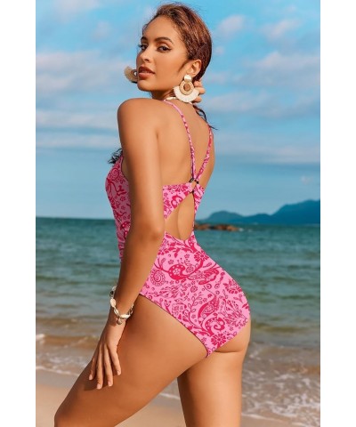 Women's One Piece Swimsuit High Cut Bathing Suits Cutout Back Adjustable Straps Swimwear with O Ring Pink Floral $13.94 Swims...