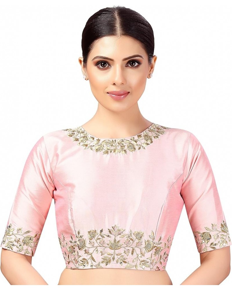 Women's Polyester Elbow Length Sleeves Art Silk Embroidered Saree Blouse Light Pink $31.32 Tops