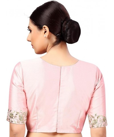 Women's Polyester Elbow Length Sleeves Art Silk Embroidered Saree Blouse Light Pink $31.32 Tops