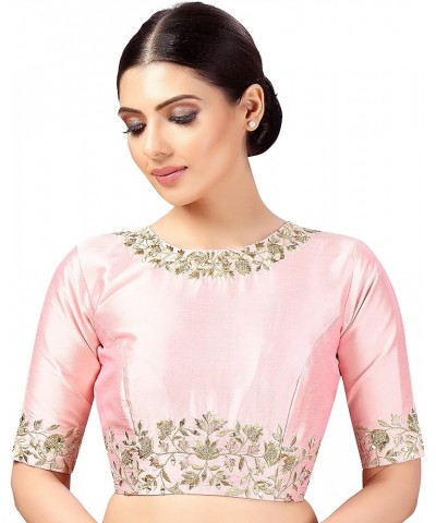 Women's Polyester Elbow Length Sleeves Art Silk Embroidered Saree Blouse Light Pink $31.32 Tops