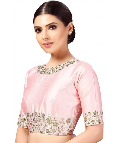 Women's Polyester Elbow Length Sleeves Art Silk Embroidered Saree Blouse Light Pink $31.32 Tops