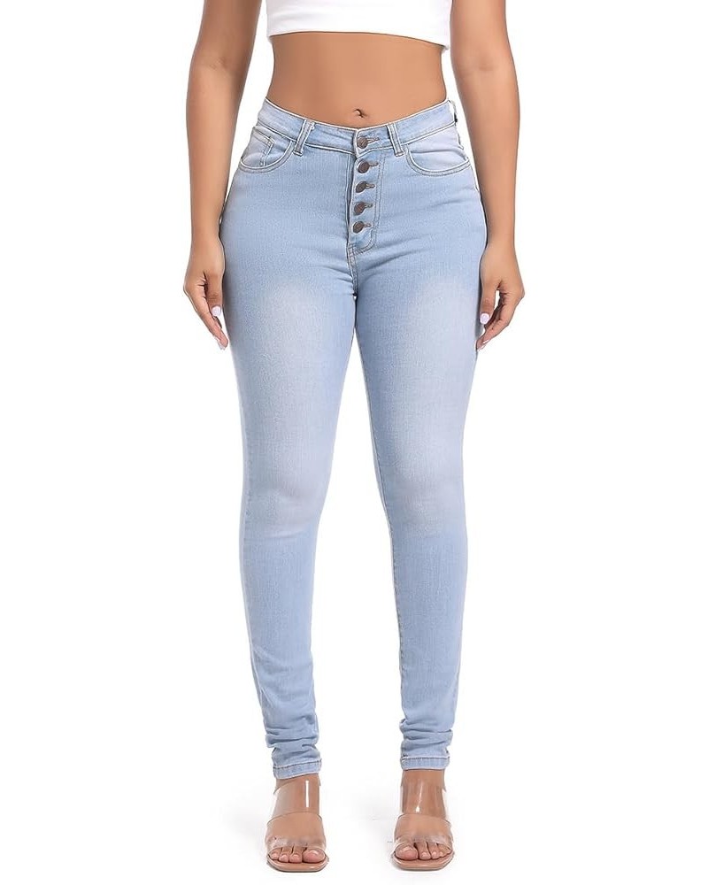 Womens High Waist Stretch Jeans 5 Button Push Up Butt Lifting Skinny Colombian Jeans Sky Blue $19.24 Jeans