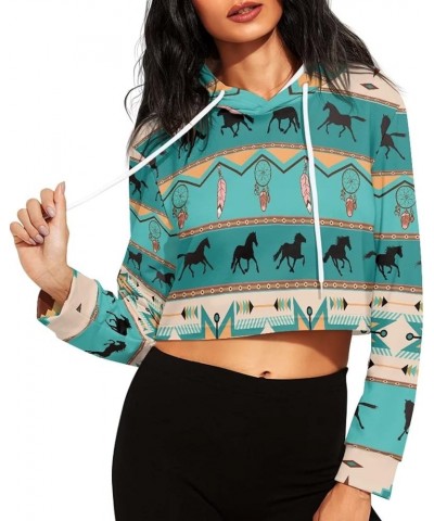 Crop Top Hoodies Casual Long Sleeve Hooded Sweatshirt Women Green Ethnic Style Horse $10.25 Hoodies & Sweatshirts