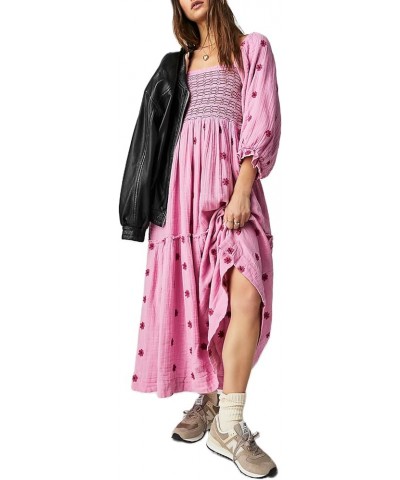 Women Casual Boho Maxi Dress Y2k Flowy Swing A Line Long Dress Puff Sleeve Loose Fit Tiered Beach Sundress D-embroidered Pink...