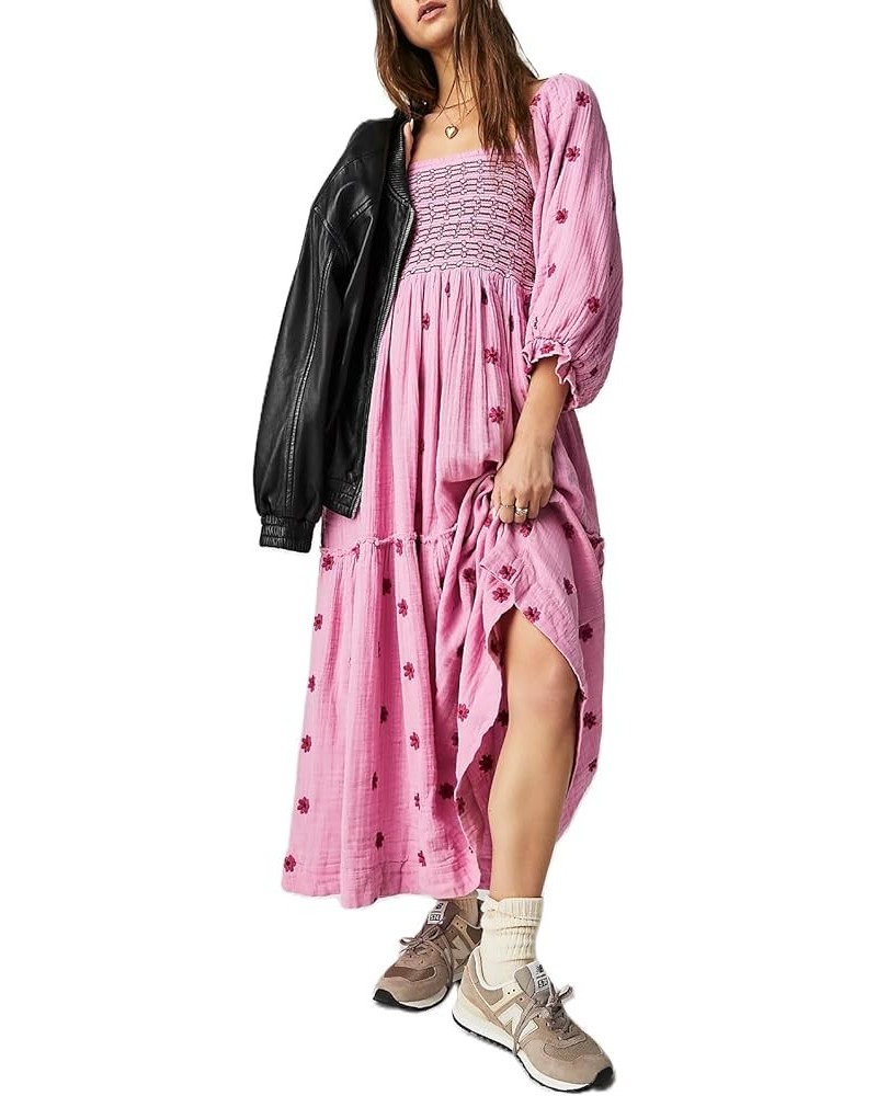 Women Casual Boho Maxi Dress Y2k Flowy Swing A Line Long Dress Puff Sleeve Loose Fit Tiered Beach Sundress D-embroidered Pink...