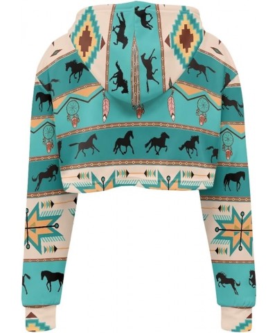 Crop Top Hoodies Casual Long Sleeve Hooded Sweatshirt Women Green Ethnic Style Horse $10.25 Hoodies & Sweatshirts