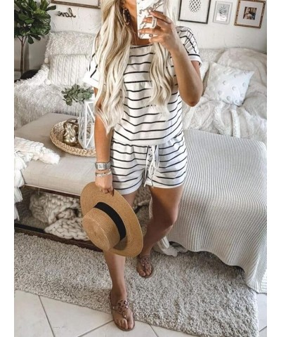 Rompers for Women Summer 2024 Casual One Piece Jumpsuits Short Pants Fashion Outfits Clothes Loungewear Pockets 01 White & Bl...