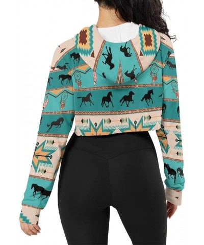 Crop Top Hoodies Casual Long Sleeve Hooded Sweatshirt Women Green Ethnic Style Horse $10.25 Hoodies & Sweatshirts