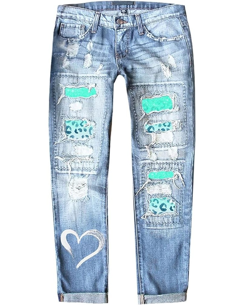 Womens Patchwork Stretch Boyfriend Distressed Ripped Jeans Sunflower Print Ripped Destroyed Denim Pants with Pockets 11-blue ...