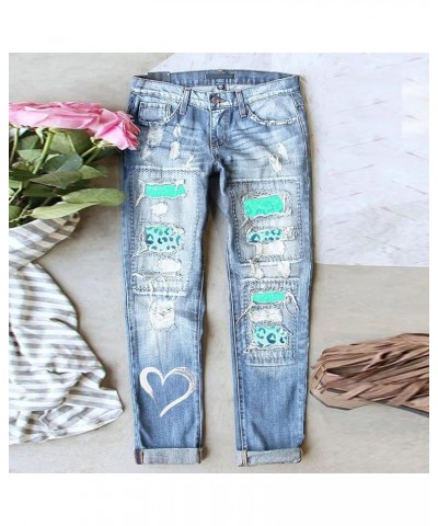 Womens Patchwork Stretch Boyfriend Distressed Ripped Jeans Sunflower Print Ripped Destroyed Denim Pants with Pockets 11-blue ...