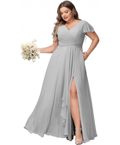 Flutter Sleeves Long Bridesmaid Dress with Pockets Ruched Chiffon Long A-Line Formal Party Dresses with Slit YO063 Silver $32...