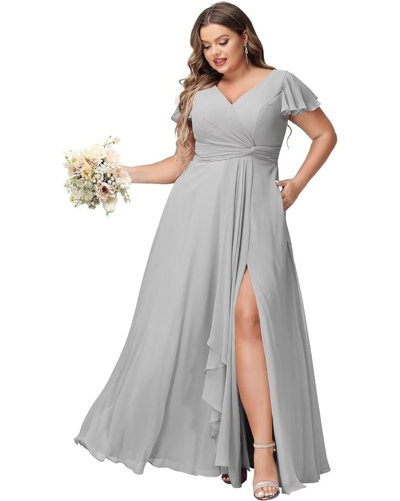 Flutter Sleeves Long Bridesmaid Dress with Pockets Ruched Chiffon Long A-Line Formal Party Dresses with Slit YO063 Silver $32...