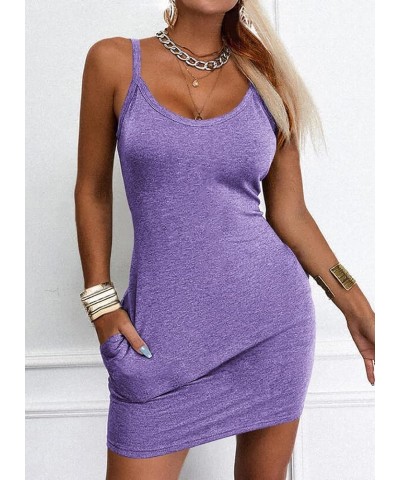 Womens Sleeveless Solid Slip Dresses Summer Casual Spaghetti Strap Dresses Cami Bodycon Dress Light Purple $12.49 Dresses