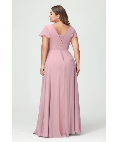 Flutter Sleeves Long Bridesmaid Dress with Pockets Ruched Chiffon Long A-Line Formal Party Dresses with Slit YO063 Silver $32...