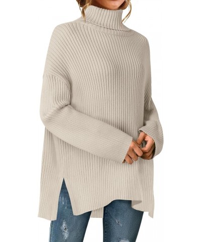 Women's 2024 Winter Sweaters High Neck Long Sleeve Chunky Knit Oversized Side Slit Pullover Sweater Jumper Tops Stone $21.60 ...