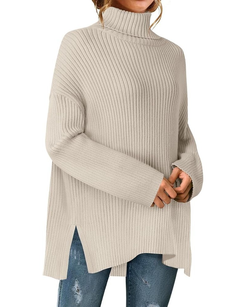 Women's 2024 Winter Sweaters High Neck Long Sleeve Chunky Knit Oversized Side Slit Pullover Sweater Jumper Tops Stone $21.60 ...