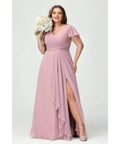 Flutter Sleeves Long Bridesmaid Dress with Pockets Ruched Chiffon Long A-Line Formal Party Dresses with Slit YO063 Silver $32...