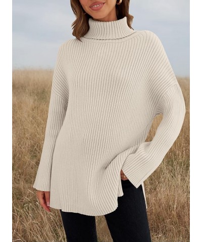 Women's 2024 Winter Sweaters High Neck Long Sleeve Chunky Knit Oversized Side Slit Pullover Sweater Jumper Tops Stone $21.60 ...