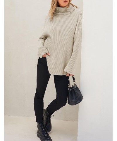 Women's 2024 Winter Sweaters High Neck Long Sleeve Chunky Knit Oversized Side Slit Pullover Sweater Jumper Tops Stone $21.60 ...