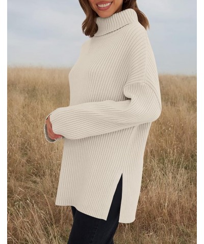 Women's 2024 Winter Sweaters High Neck Long Sleeve Chunky Knit Oversized Side Slit Pullover Sweater Jumper Tops Stone $21.60 ...