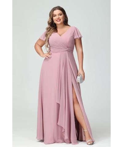 Flutter Sleeves Long Bridesmaid Dress with Pockets Ruched Chiffon Long A-Line Formal Party Dresses with Slit YO063 Silver $32...