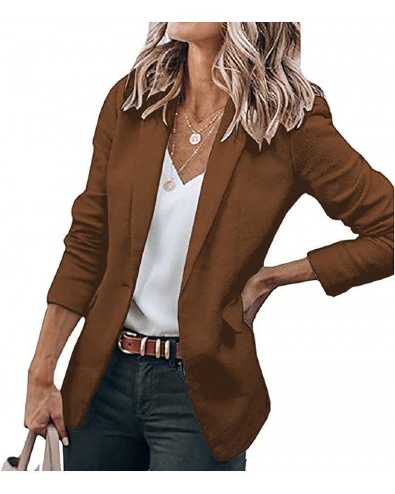 Women's Lapel Open Front Blazer 2024 Work Office Suit Jacket Slim Fit Long Sleeve Cardigan Coat with Pockets Brown $8.09 Blazers