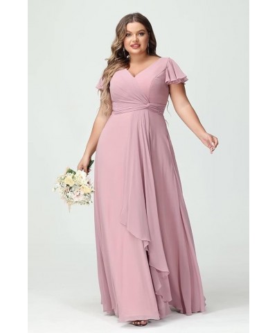 Flutter Sleeves Long Bridesmaid Dress with Pockets Ruched Chiffon Long A-Line Formal Party Dresses with Slit YO063 Silver $32...