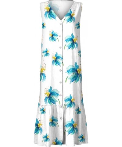 Women's Summer Maxi Dress Solid Sleeveless V Neck Button Down with Pockets Swing Flowy Sundress Print Casual Dresses 16-sky B...