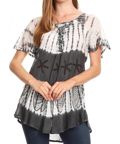 Donna Women's Casual Lace Short Sleeve Tie Dye Corset Loose Top Blouse 19202-gray $17.35 Blouses