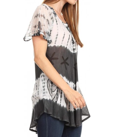 Donna Women's Casual Lace Short Sleeve Tie Dye Corset Loose Top Blouse 19202-gray $17.35 Blouses