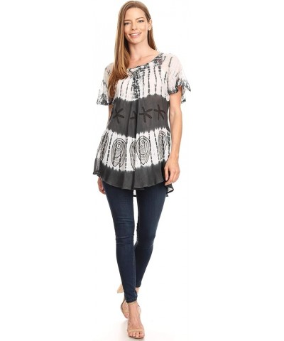 Donna Women's Casual Lace Short Sleeve Tie Dye Corset Loose Top Blouse 19202-gray $17.35 Blouses