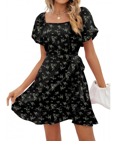 Womens Summer Tie Waist Dresses Square Neck Puff Sleeve Casual Dress 2-floral Black $22.00 Dresses