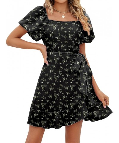 Womens Summer Tie Waist Dresses Square Neck Puff Sleeve Casual Dress 2-floral Black $22.00 Dresses