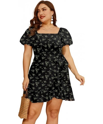 Womens Summer Tie Waist Dresses Square Neck Puff Sleeve Casual Dress 2-floral Black $22.00 Dresses