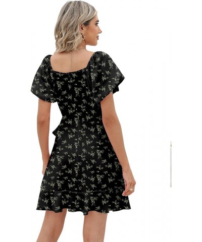 Womens Summer Tie Waist Dresses Square Neck Puff Sleeve Casual Dress 2-floral Black $22.00 Dresses