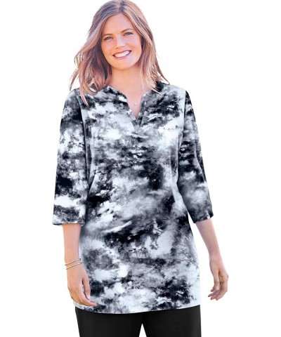 Women's Plus Size 7-Day Three-Quarter Sleeve Notch-Neck Tunic Black Pretty Tie Dye $17.09 Tops