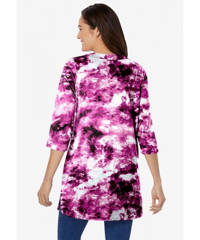 Women's Plus Size 7-Day Three-Quarter Sleeve Notch-Neck Tunic Black Pretty Tie Dye $17.09 Tops