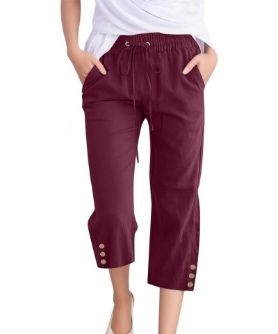 Capri Linen Pants for Women Wide Leg Casual Cotton Pant Loose Drawstrings High Waist Lounge Trousers with Pocket Wine $6.80 P...