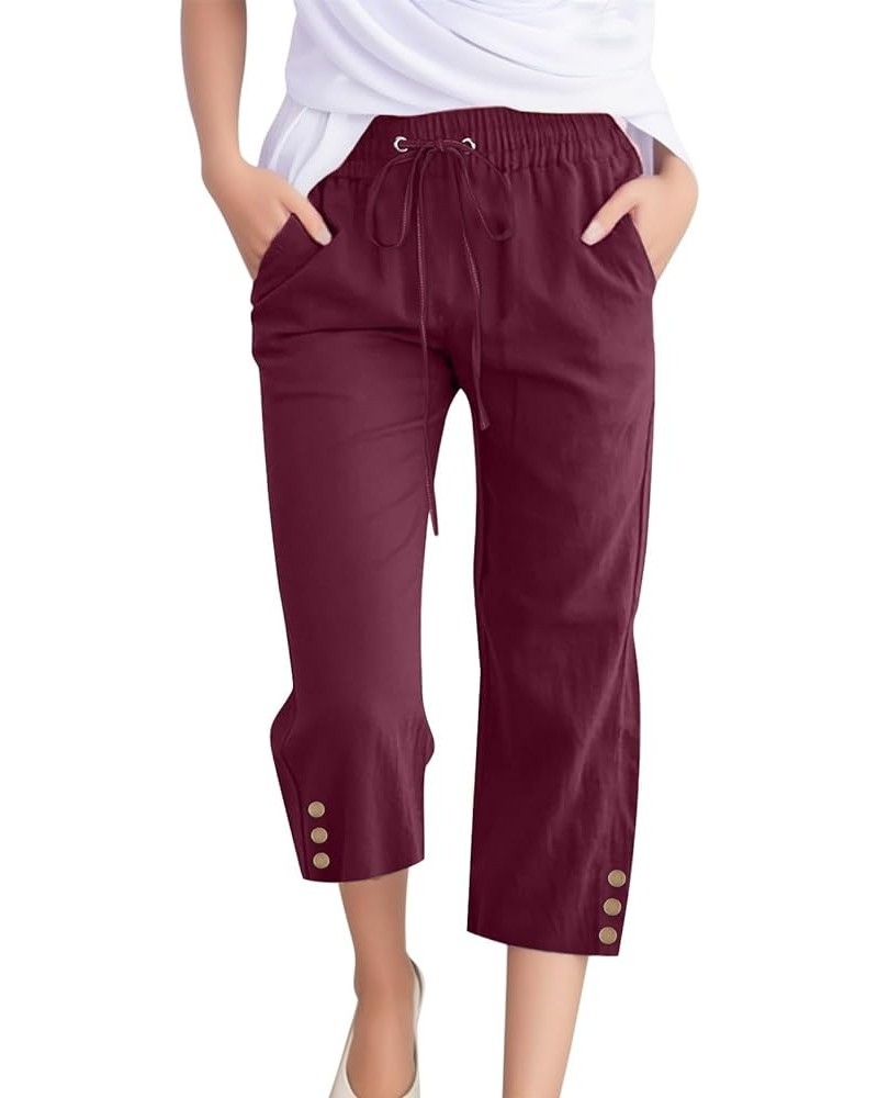 Capri Linen Pants for Women Wide Leg Casual Cotton Pant Loose Drawstrings High Waist Lounge Trousers with Pocket Wine $6.80 P...