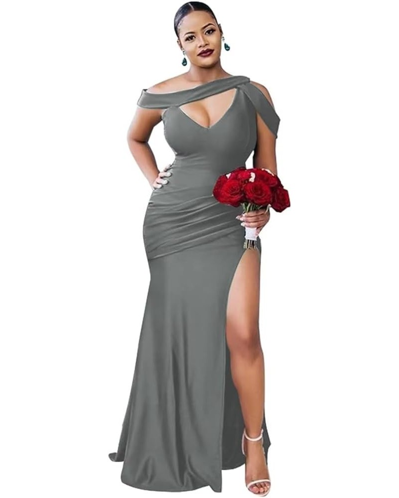 Shiny Satin Bridesmaid Dresses Long One Shoulder Mermaid Prom Dresses Formal Evening Gowns for Women with Slit Gray $28.97 Dr...