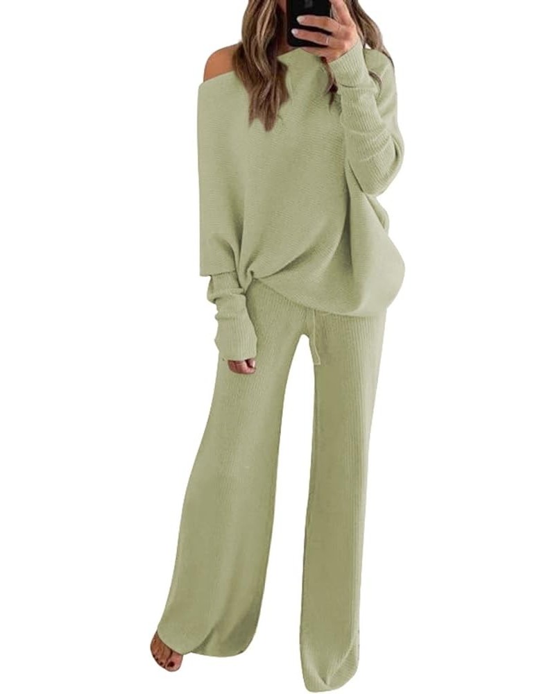 Womens 2 Piece Outfit Set Long Sleeve Knit Pullover Sweater Top and Wide Leg Pants Sweatsuit B Green $28.06 Activewear