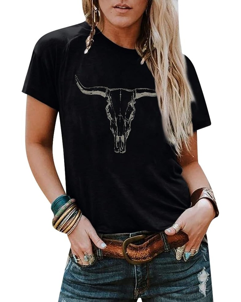 Boho Cow Skull Shirt Women Cowgirl t Shirt Vintage Western Rodeo Graphic Tee Short Sleeve Bull Skull Casual Top Black $14.55 ...